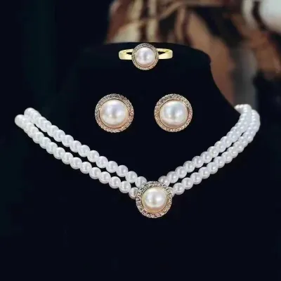 Elegant Double Layer Pearl Necklace Set (4 pcs)